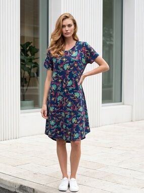 LuLaRoe Carly swing, High Low Navy Paisley Midi Dress with Teal & Pink Accents